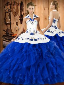 Designer Sleeveless Satin and Organza Floor Length Lace Up Vestidos de Quinceanera in Blue And White with Embroidery and Ruffles