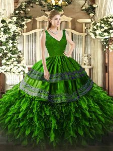 Custom Made Green Ball Gowns Beading and Lace and Ruffles Quinceanera Dress Backless Organza Sleeveless Floor Length