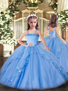 Straps Sleeveless Little Girls Pageant Dress Floor Length Appliques and Ruffles Baby Blue Organza