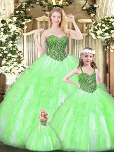 Wonderful Organza Sleeveless Floor Length Quince Ball Gowns and Beading and Ruffles