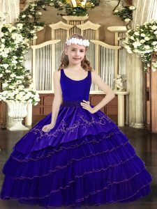 High Quality Organza Scoop Sleeveless Zipper Beading and Embroidery and Ruffled Layers Kids Pageant Dress in Blue