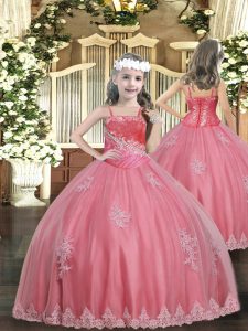 Perfect Watermelon Red Straps Lace Up Appliques Pageant Dress for Teens Sleeveless