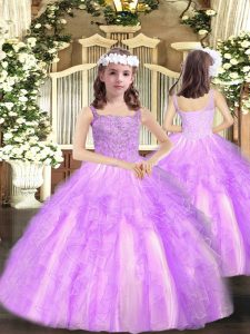 Straps Sleeveless Little Girls Pageant Gowns Floor Length Beading and Ruffles Lilac Organza