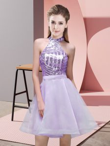 Most Popular Lavender A-line Halter Top Sleeveless Chiffon Mini Length Backless Sequins Dama Dress