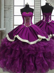 Purple Ball Gowns Beading and Ruffles Quince Ball Gowns Lace Up Satin and Organza Sleeveless Floor Length