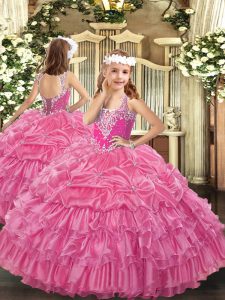 Rose Pink Sleeveless Floor Length Beading and Ruffled Layers and Pick Ups Lace Up Girls Pageant Dresses