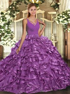 Lilac Ball Gowns Ruffles 15 Quinceanera Dress Backless Organza Sleeveless With Train