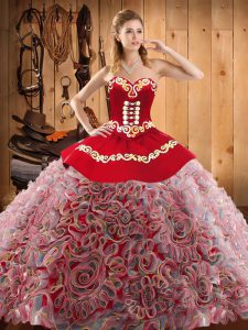 Dramatic With Train Multi-color Vestidos de Quinceanera Satin and Fabric With Rolling Flowers Sweep Train Sleeveless Embroidery