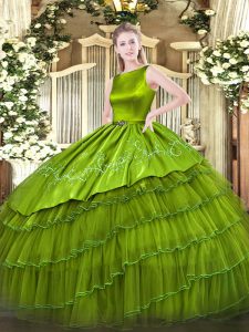 Free and Easy Olive Green Satin and Organza Lace Up 15th Birthday Dress Sleeveless Floor Length Embroidery and Ruffled Layers