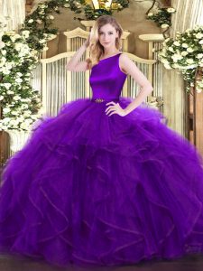 Elegant Scoop Sleeveless Ball Gown Prom Dress Floor Length Ruffles Purple Organza