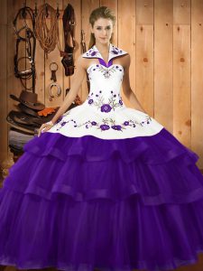 New Style Purple Sleeveless Embroidery and Ruffled Layers Lace Up 15th Birthday Dress
