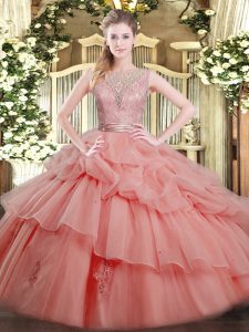 Cheap Sleeveless Tulle Floor Length Backless Ball Gown Prom Dress in Watermelon Red with Beading and Ruffled Layers