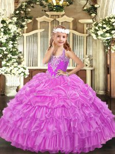 Lilac Ball Gowns Organza V-neck Sleeveless Beading and Ruffled Layers and Pick Ups Floor Length Lace Up Little Girl Pageant Gowns