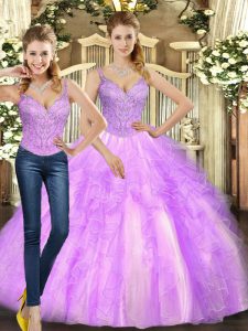 Fantastic Sleeveless Floor Length Beading and Ruffles Lace Up 15th Birthday Dress with Lilac