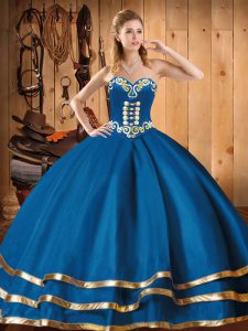 Noble Floor Length Lace Up 15th Birthday Dress Blue for Military Ball and Sweet 16 and Quinceanera with Embroidery