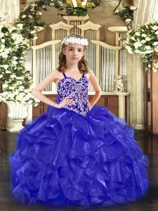 Sleeveless Floor Length Beading and Ruffles Lace Up Kids Formal Wear with Blue