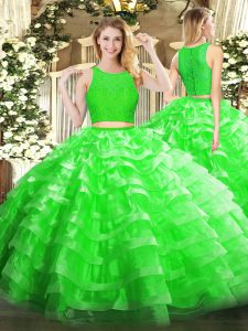 Sexy Lace and Ruffled Layers Sweet 16 Dresses Green Zipper Sleeveless Floor Length