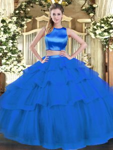 Simple Blue Sleeveless Tulle Criss Cross Sweet 16 Quinceanera Dress for Military Ball and Sweet 16 and Quinceanera
