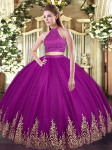 Fuchsia Halter Top Neckline Beading and Appliques Quinceanera Gowns Sleeveless Backless