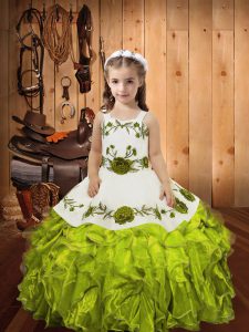 Olive Green Little Girls Pageant Dress Sweet 16 and Quinceanera with Embroidery and Ruffles Straps Sleeveless Lace Up