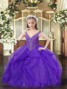 Sleeveless Beading and Ruffles Zipper Pageant Gowns For Girls