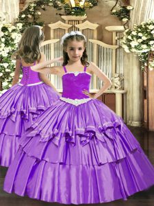 Inexpensive Floor Length Lavender Little Girls Pageant Dress Organza Sleeveless Appliques and Ruffled Layers