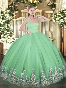 Floor Length Apple Green Ball Gown Prom Dress Tulle Sleeveless Appliques