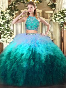 Multi-color Tulle Zipper 15 Quinceanera Dress Sleeveless Floor Length Beading and Ruffles
