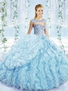 Great Beading and Ruffles and Pick Ups Quinceanera Dresses Blue Lace Up Sleeveless