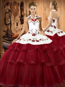 Noble Wine Red Organza Lace Up Halter Top Sleeveless Ball Gown Prom Dress Sweep Train Embroidery and Ruffled Layers