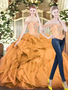 Exquisite Orange Red Ball Gowns Off The Shoulder Sleeveless Organza Floor Length Lace Up Beading and Ruffles Quinceanera Dresses