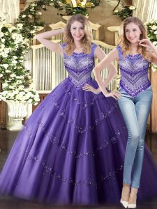 Super Tulle Scoop Sleeveless Lace Up Beading Sweet 16 Dress in Purple