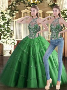 Ideal Green Lace Up Sweet 16 Dresses Beading Sleeveless Floor Length