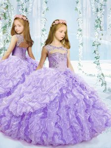 Lovely Lavender Kids Pageant Dress Party and Quinceanera and Wedding Party with Beading and Ruffles and Pick Ups Scoop Sleeveless Lace Up