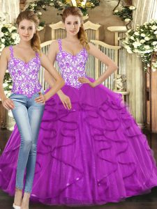 Fuchsia Sleeveless Tulle Lace Up Sweet 16 Quinceanera Dress for Military Ball and Sweet 16 and Quinceanera