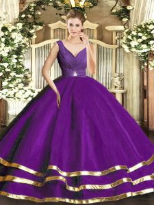 Purple Ball Gowns V-neck Sleeveless Tulle Floor Length Backless Ruffled Layers Quinceanera Dress