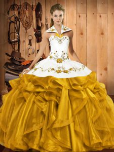 Gold Halter Top Neckline Embroidery and Ruffles Quinceanera Dress Sleeveless Lace Up