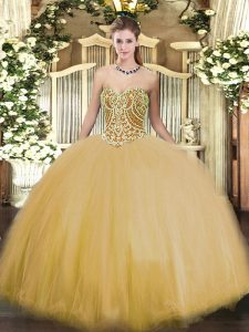 Custom Design Floor Length Gold Quince Ball Gowns Tulle Sleeveless Beading