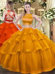 Inexpensive Sleeveless Tulle Floor Length Criss Cross 15 Quinceanera Dress in Rust Red with Ruffled Layers