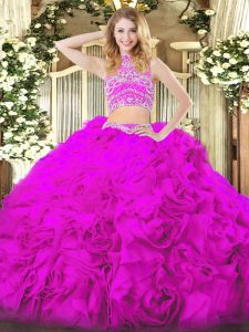 Stylish Fuchsia Two Pieces High-neck Sleeveless Tulle Floor Length Backless Beading and Ruffles Quinceanera Gowns