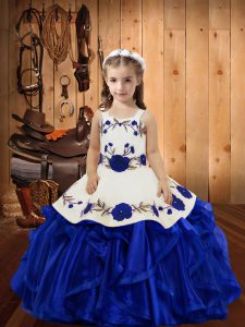 Organza Straps Sleeveless Lace Up Embroidery and Ruffles Little Girl Pageant Dress in Royal Blue