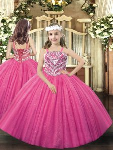 Beading Little Girl Pageant Gowns Hot Pink Lace Up Sleeveless Floor Length