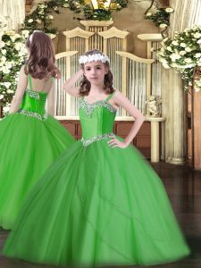 Green Sleeveless Sweep Train Beading Little Girls Pageant Dress