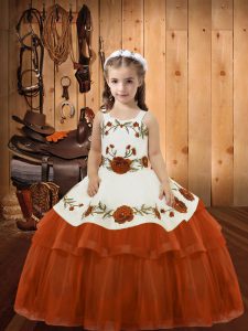 Rust Red Ball Gowns Organza Straps Sleeveless Embroidery and Ruffled Layers Floor Length Lace Up Girls Pageant Dresses