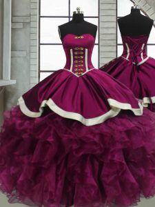 Most Popular Fuchsia Ball Gowns Sweetheart Sleeveless Organza Floor Length Lace Up Beading and Ruffles Quinceanera Dresses