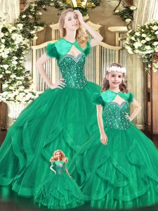 Vintage Turquoise Ball Gowns Beading and Ruffles 15th Birthday Dress Lace Up Organza Sleeveless Floor Length