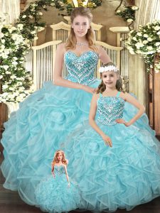 Colorful Aqua Blue Ball Gowns Sweetheart Sleeveless Organza Floor Length Lace Up Beading and Ruffles Vestidos de Quinceanera