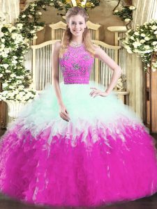 Multi-color Zipper Halter Top Beading and Ruffles Ball Gown Prom Dress Tulle Sleeveless