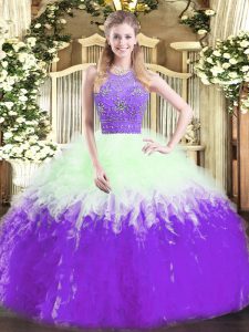 Fancy Tulle Sleeveless Floor Length Quinceanera Dresses and Beading and Ruffles