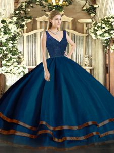 Classical Navy Blue Tulle Zipper Quinceanera Gown Sleeveless Floor Length Beading and Ruffled Layers